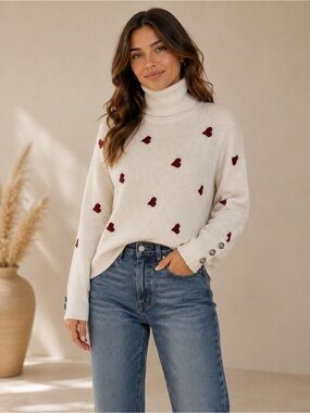 Cream Turtleneck Sweater with Burgundy Heart Detail